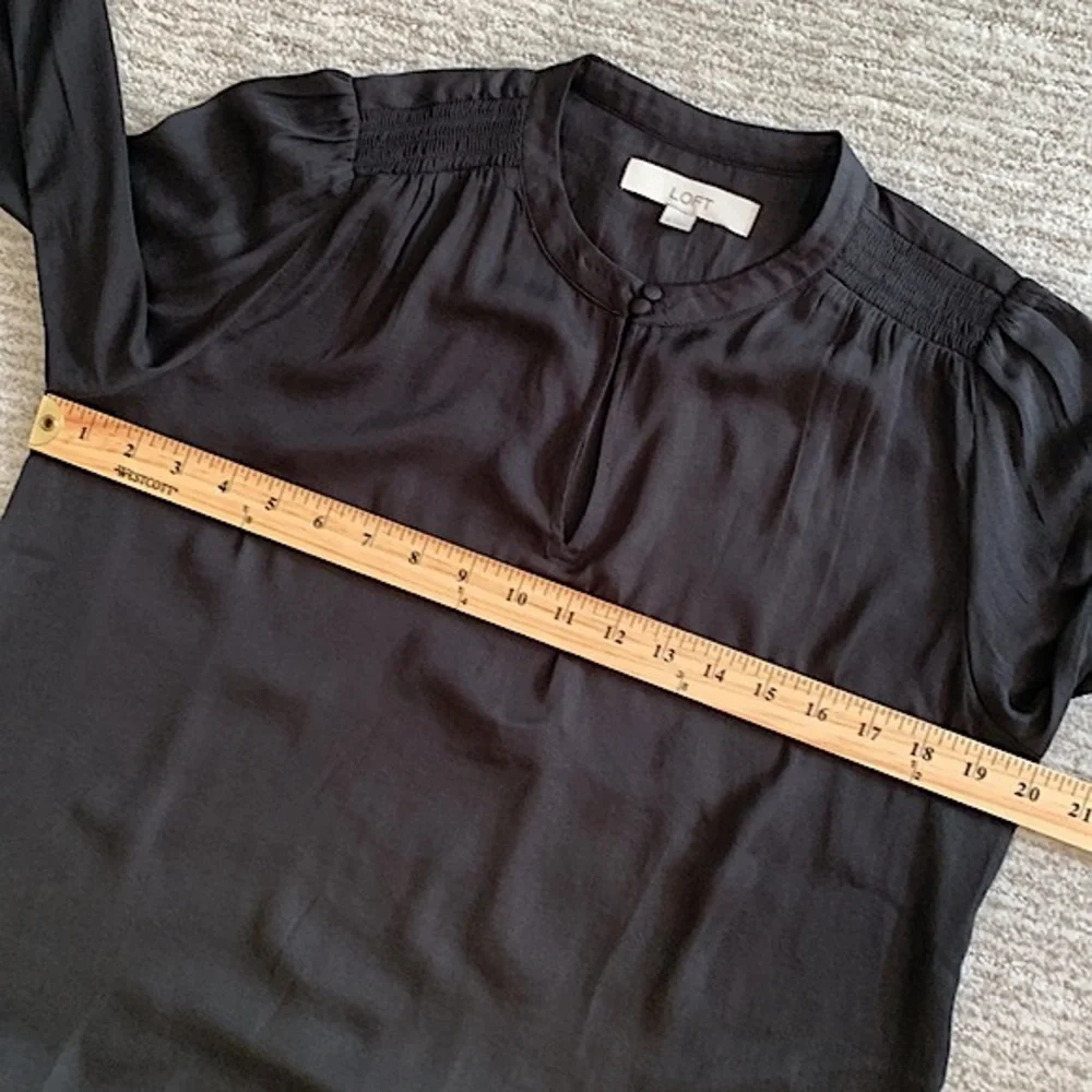 LOFT Black Satin Blouse Womens Size Small Smocked Long Puff Sleeve Fairy Goth